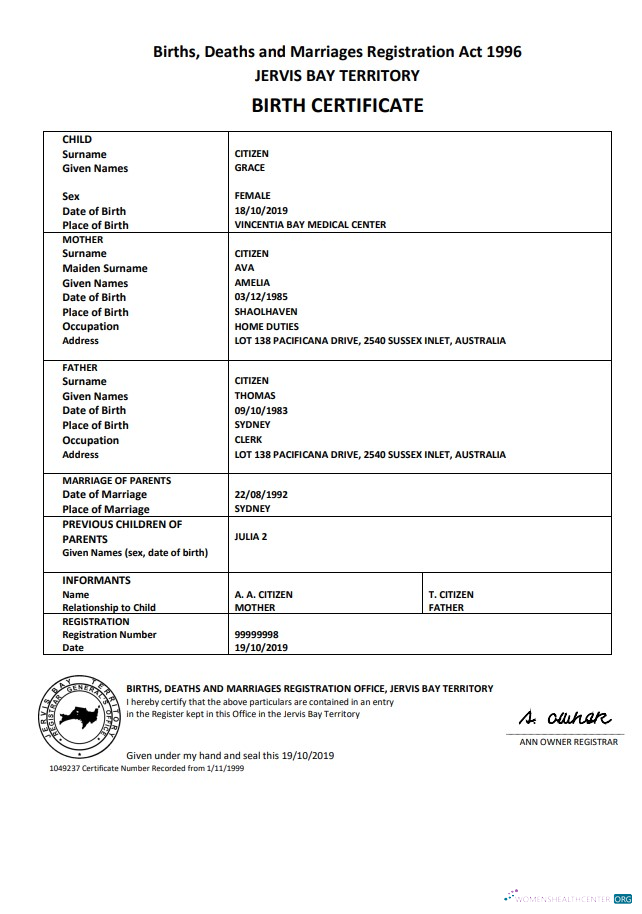 Download Australia Jervis Bay territory birth certificate template in Word and PDF format Photoshop template